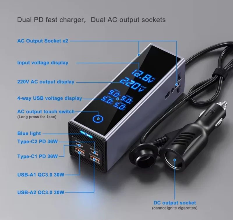 300W Car Power Inverter with PD 36W Type-C, QC3.0 and AC Outlet